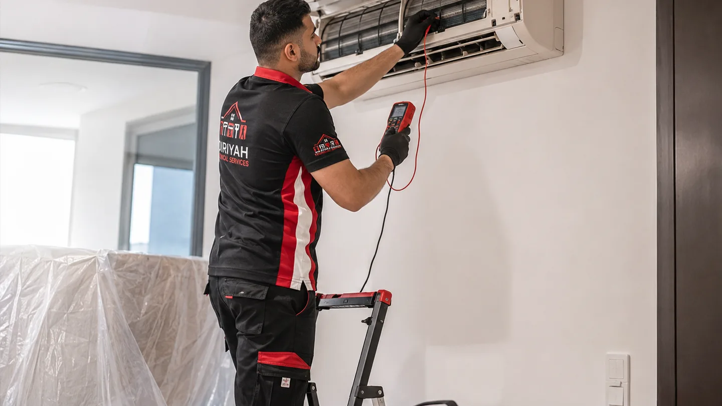 Diriyah technician diagnosing an accessible wall-mounted AC unit with test equipment and property protection in place