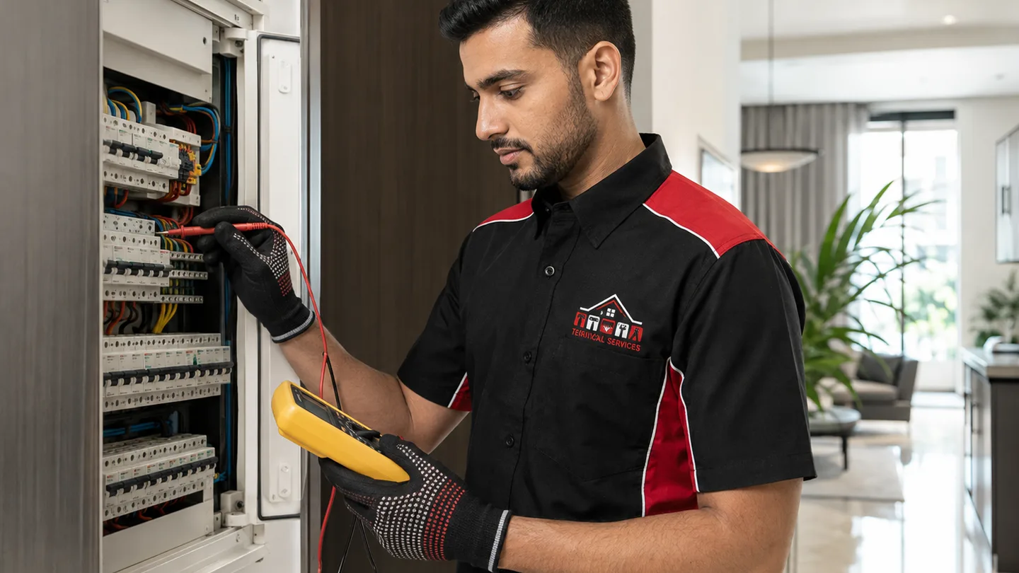 Diriyah technician testing an accessible electrical distribution board with insulated equipment in a bright Dubai property