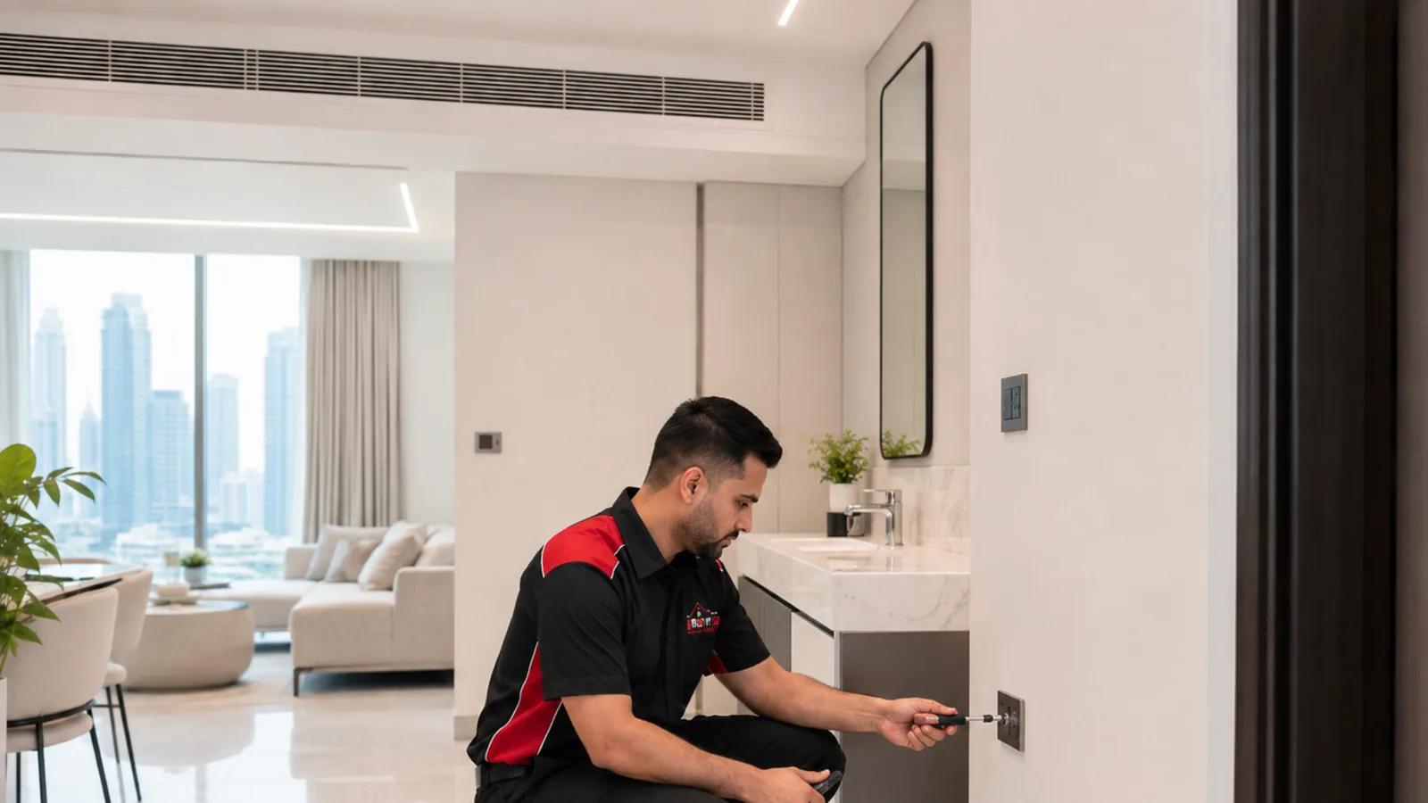 Diriyah technician carrying out a non-invasive move-in maintenance inspection in a bright Dubai apartment