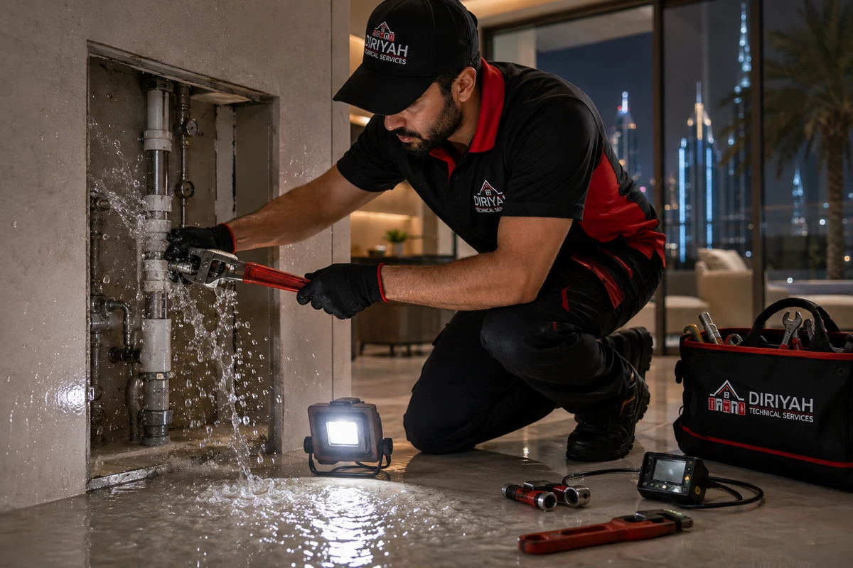 Diriyah emergency plumber controlling an active pipe leak at night in a Dubai property