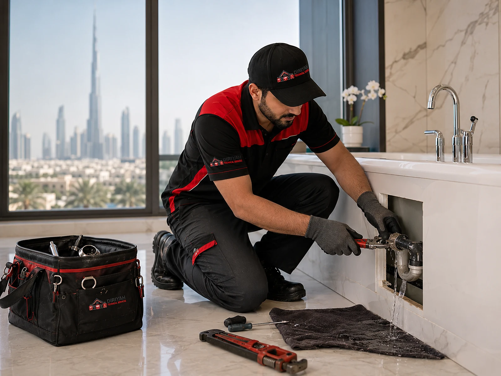 Diriyah plumber repairing bathroom plumbing connections in a modern Dubai washroom