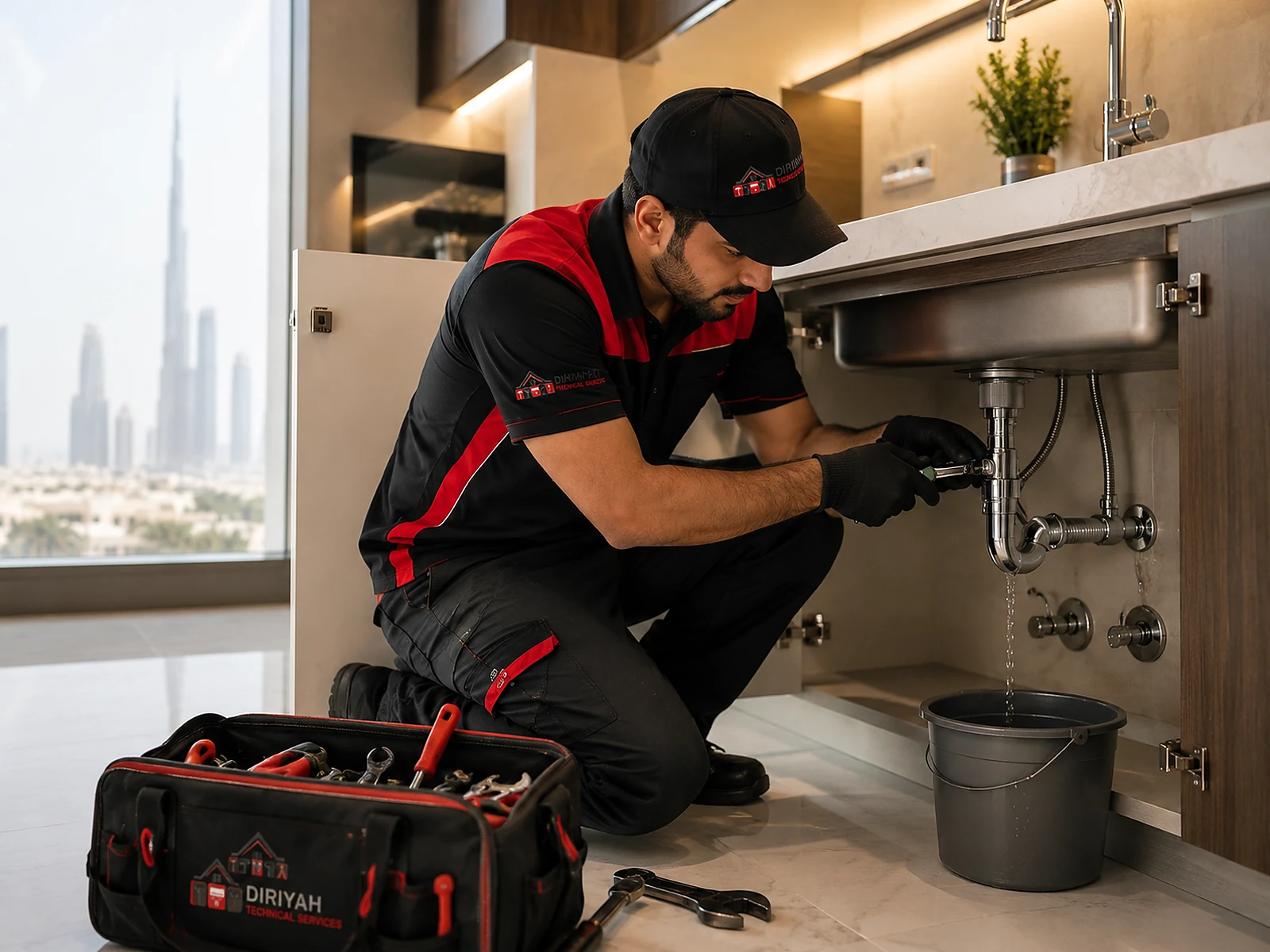 Diriyah plumber repairing kitchen sink pipes and drainage connections in Dubai