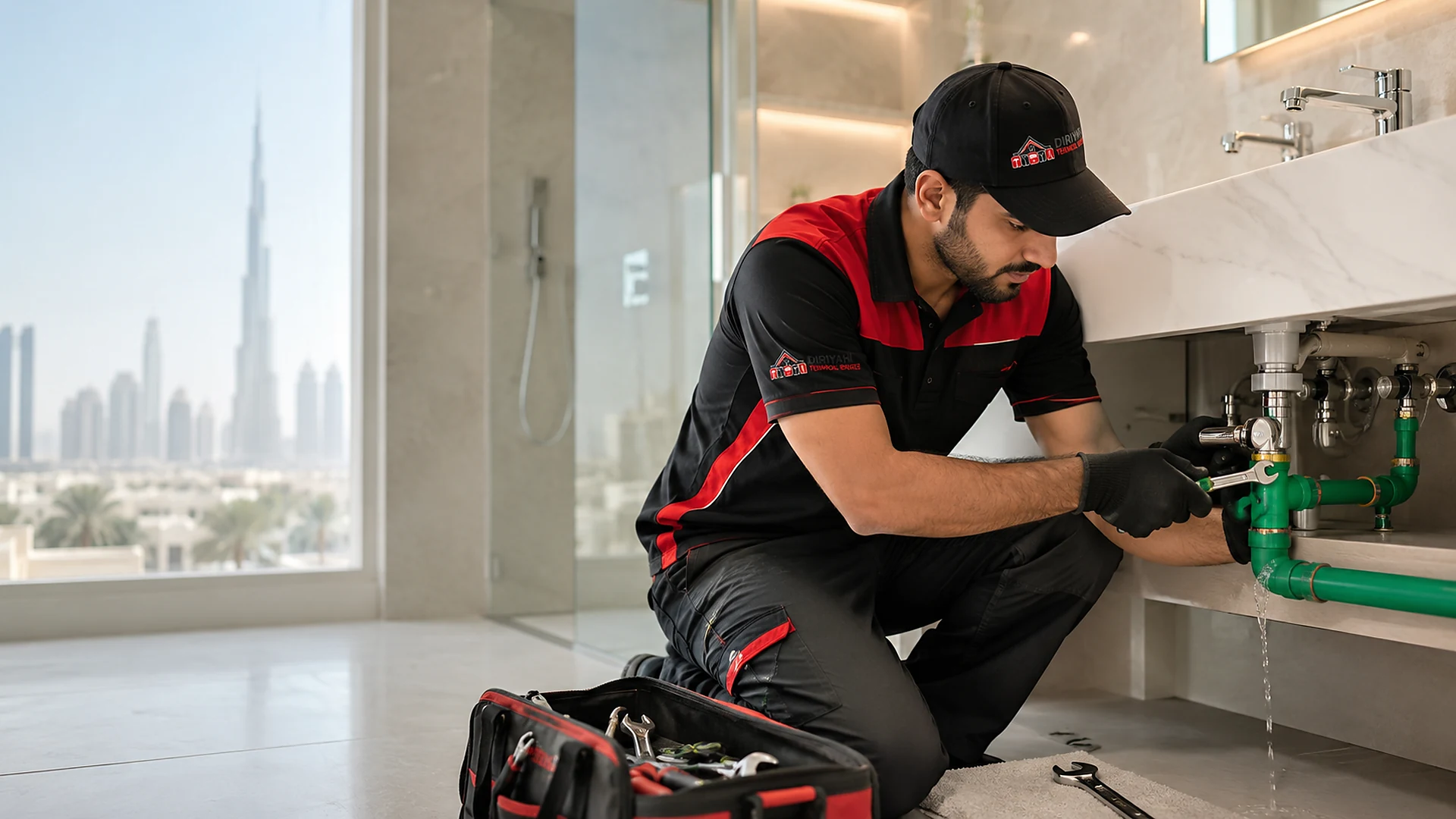 Diriyah plumber repairing an accessible bathroom water connection in a modern Dubai property