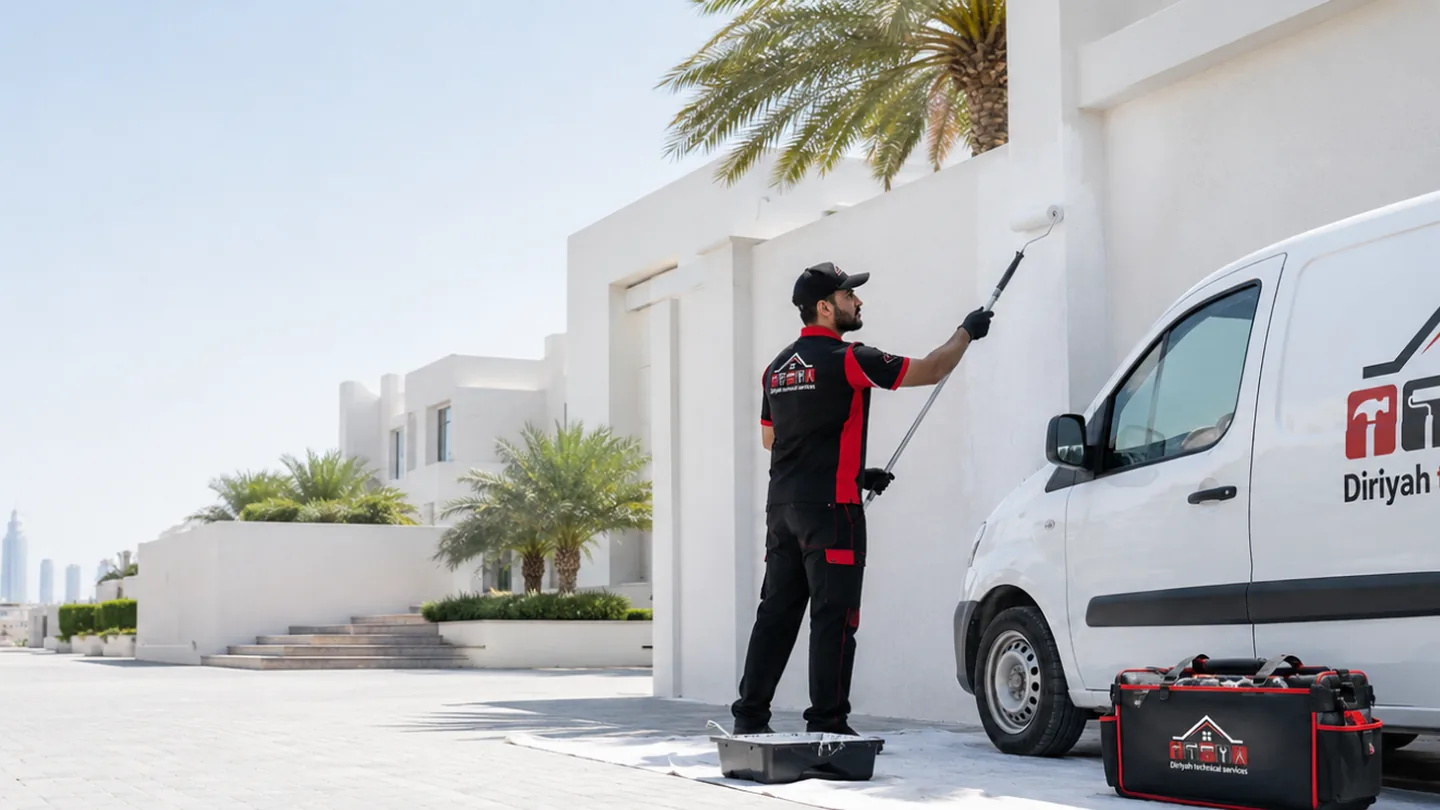 Professional painters applying a clean white wall finish in a bright Dubai interior