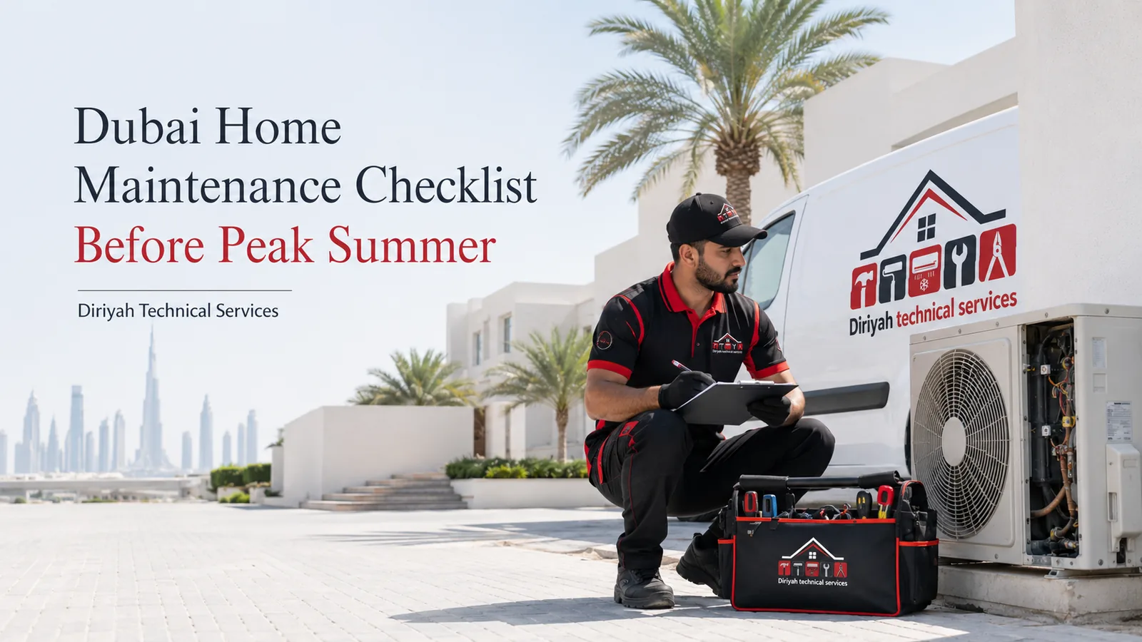 Diriyah Technical Services technician preparing a Dubai property for peak summer maintenance